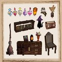 Verschillende items voor een magische kamer: flessen, een kat, een bezem, boeken en een uil.