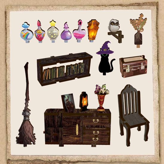 Verschillende items voor een magische kamer: flessen, een kat, een bezem, boeken en een uil.