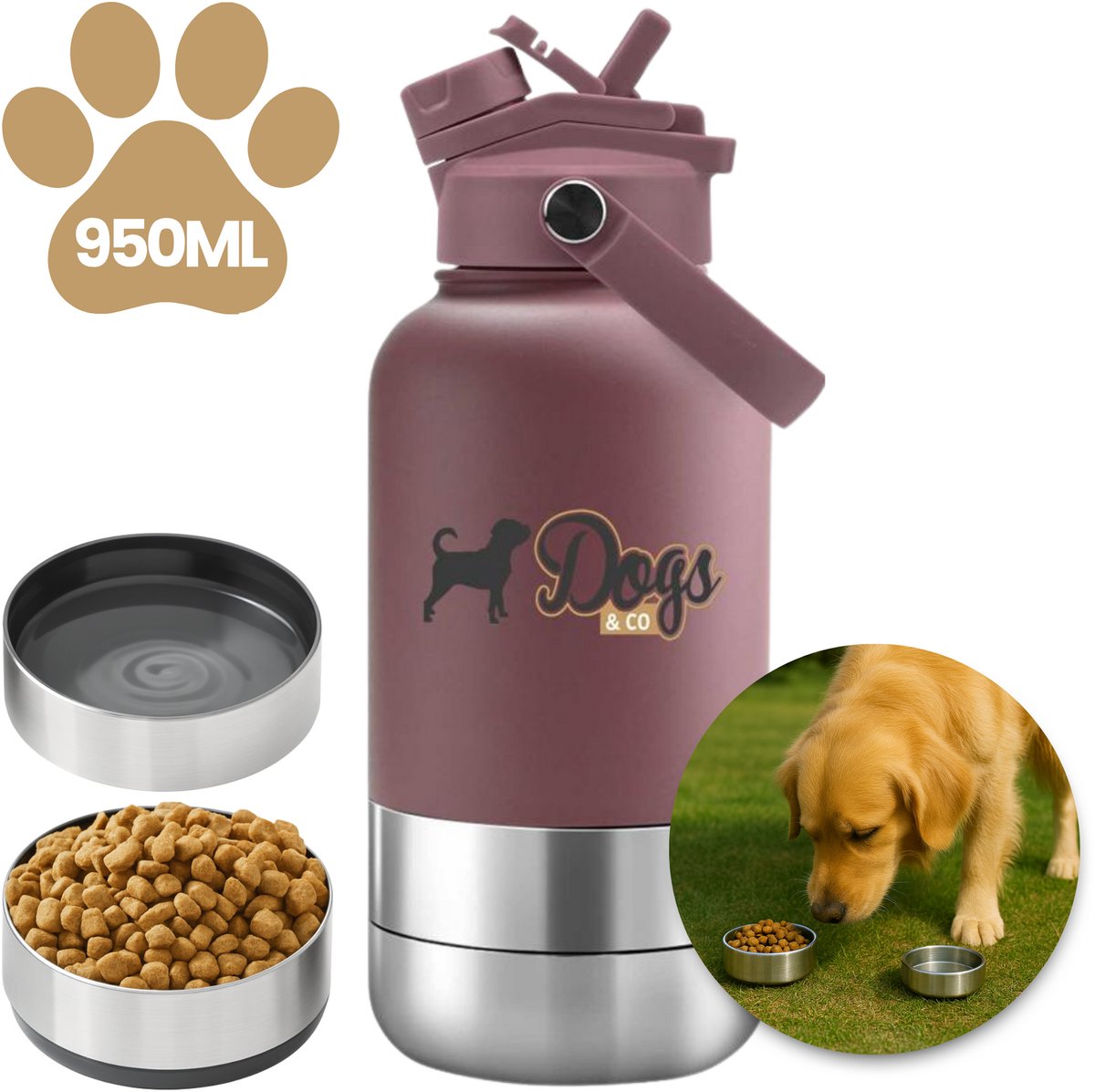 Dogs&Co® Geïsoleerde Draagbare Drinkfles - 950ML - Roze - Dogs&Co® Geïsoleerde Draagbare Drinkfles 950ML - 4-in-1 Draagbare Drinkfles / Voerbak voor Honden en Katten - Inclusief Voerbak & Waterbak - Roestvrij Staal & BPA-vrij