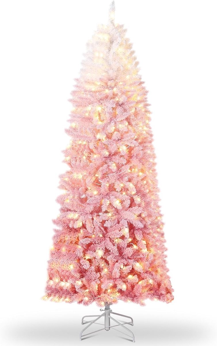 Kunstkerstboom 180 cm – slanke roze verloop den met sneeuwlook – 230 warmwitte LED’s – 610+ takpunten