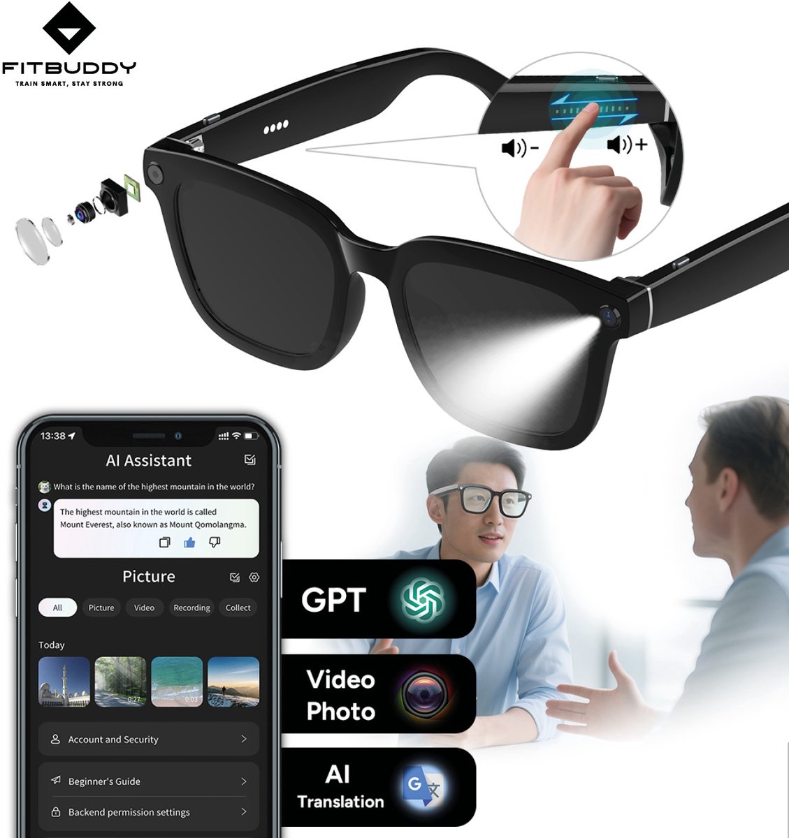 Fitbuddy AI Smart Glasses – Slimme Bluetooth Zonnebril met AI Beeldherkenning, Vertaalfunctie, Speakers & Microfoon – Touchbediening – iOS/Android – Zwart