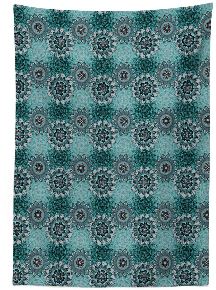 ABAKUHAUS Mandala Tafeldoek – 140 x 240 cm – Satijnmix – Turkoois Taupe