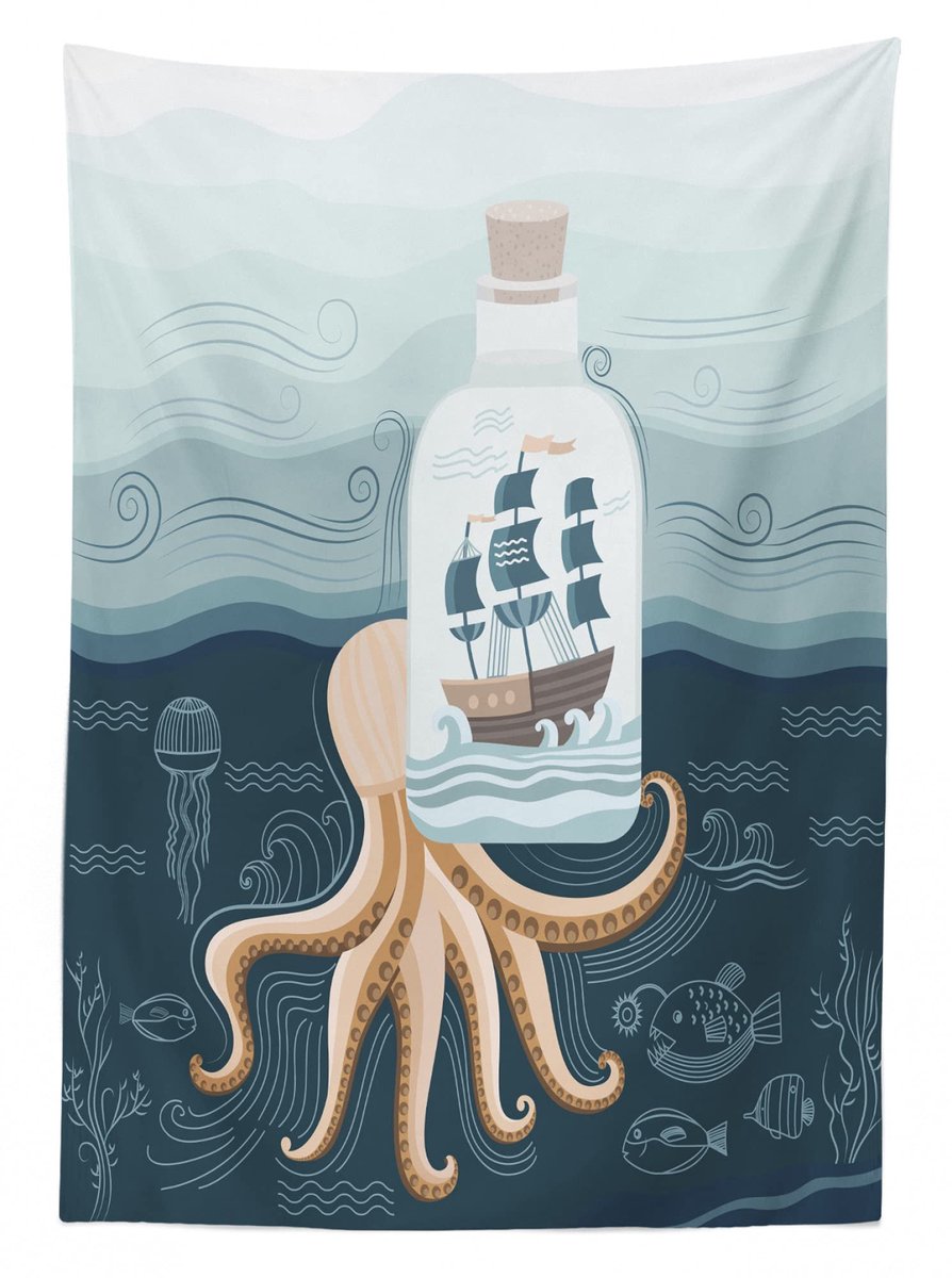 ABAKUHAUS Tafelkleed Octopus-schip 140x170 cm – Slateblauw/Perzik – wasbaar