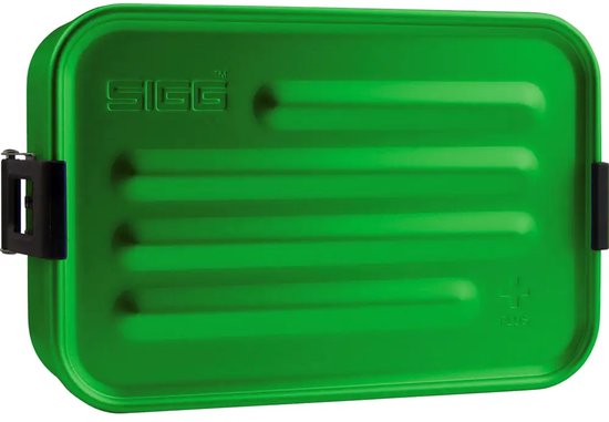 Boîte à lunch SIGG verte avec nervures et fermoirs, portant le mot "PLUS".