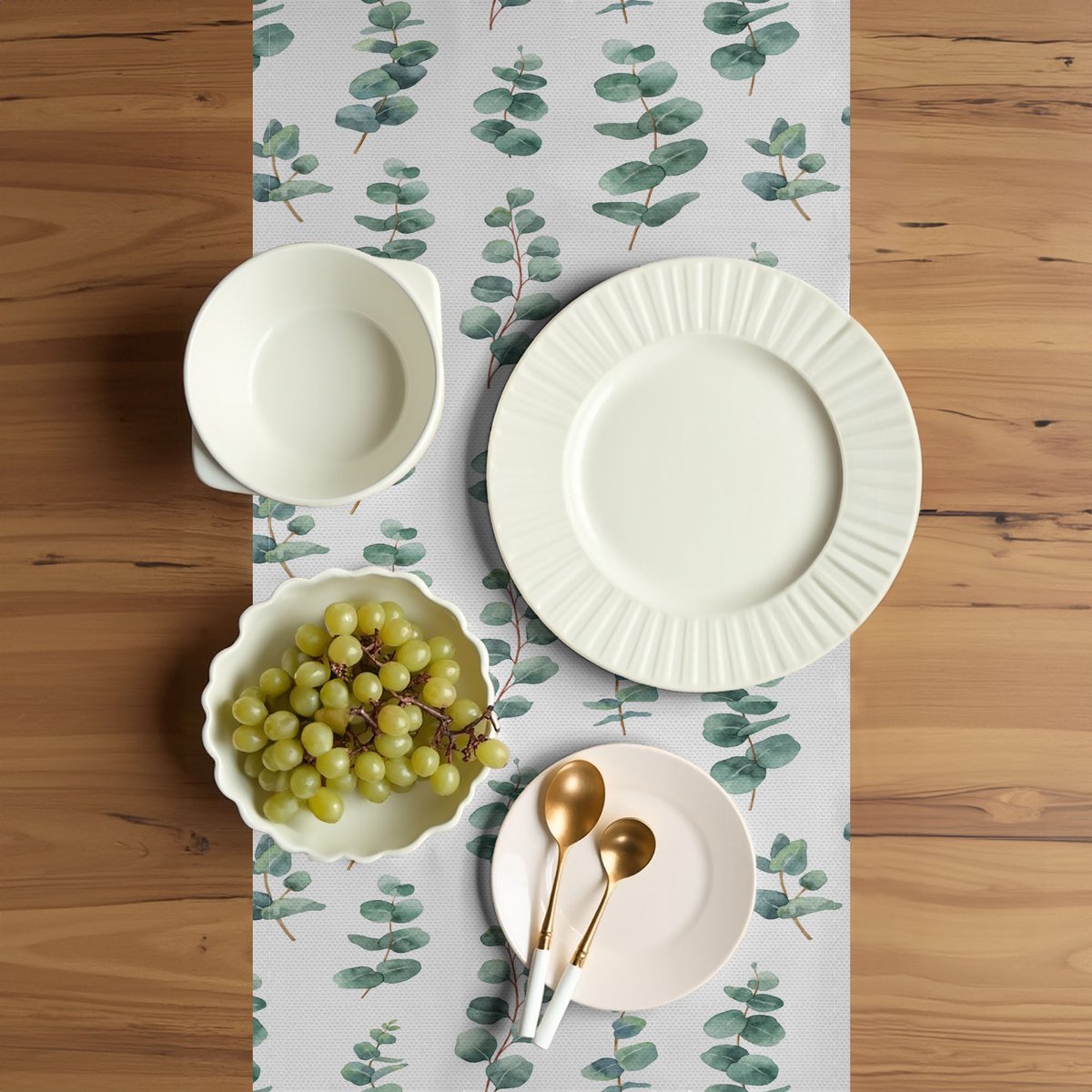 ABAKUHAUS Eucalyptus Tafelloper – bladgroen/wit, 40x300 cm