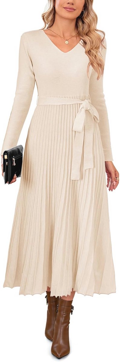 Elegante Gebreide Midi-Jurk Dames met V-hals en Lange Mouwen