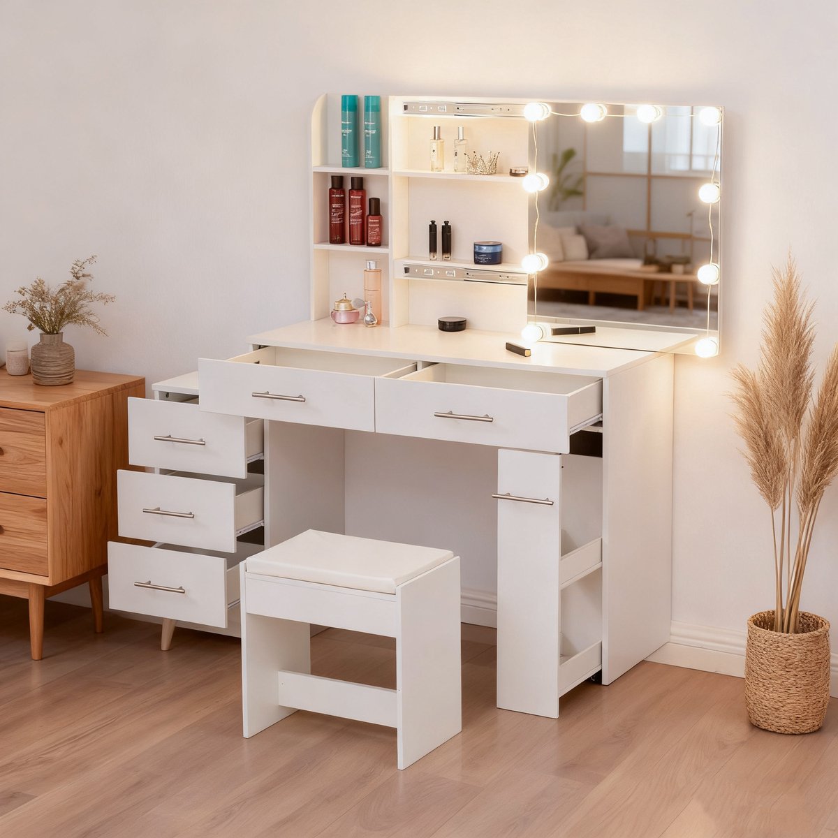 Merax Make-up tafel - kaptafel - met spiegel - lade - LED-licht - 100x40,5x136 cm Wit