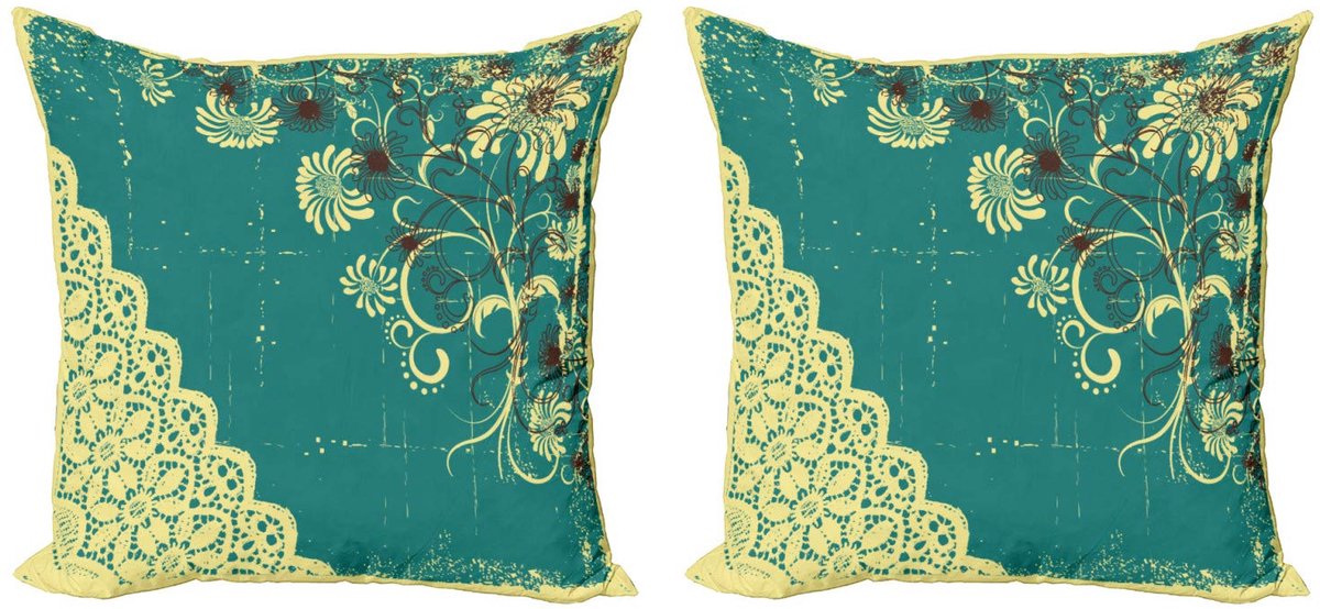 ABAKUHAUS Kussenhoes Set 2x40x40 – Retro Flora Digitaal – Jade/Wit