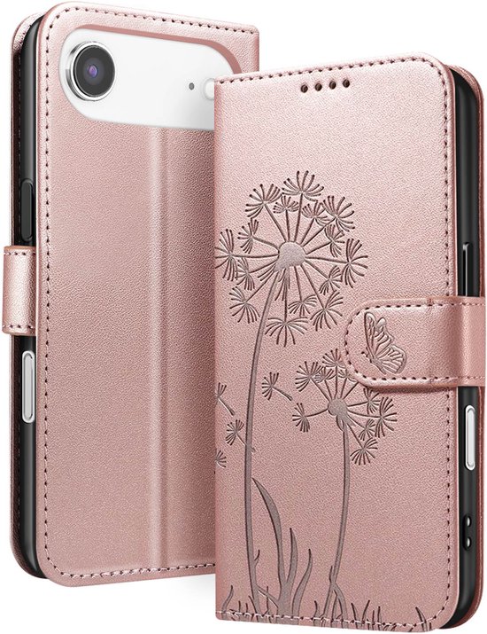 Étui de téléphone rose doré ouvert, motif papillon et pissenlit à l'extérieur, modèle de téléphone à l'intérieur.