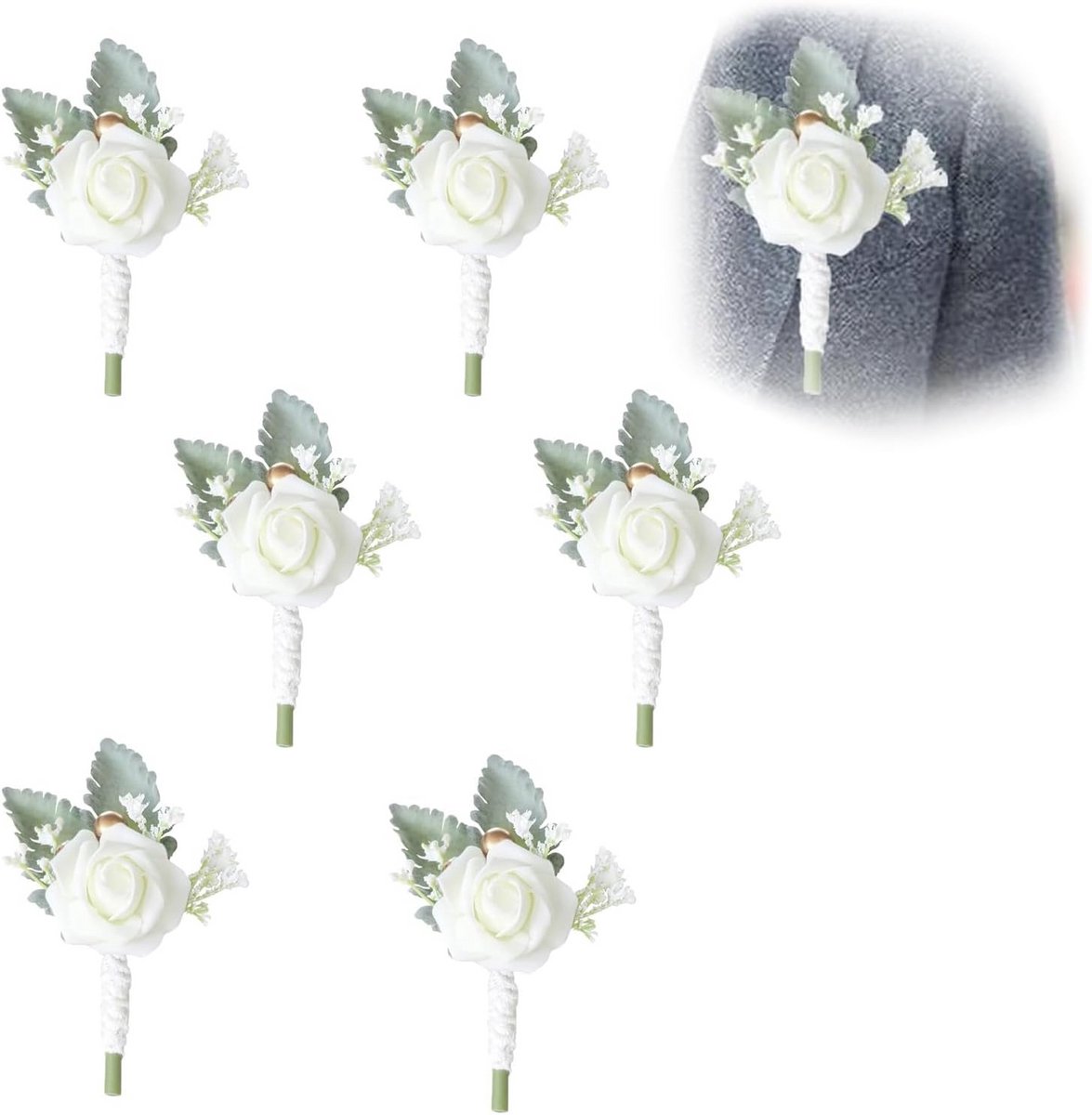 Boutonnière set van 6, witte rozen voor bruiloften en feesten