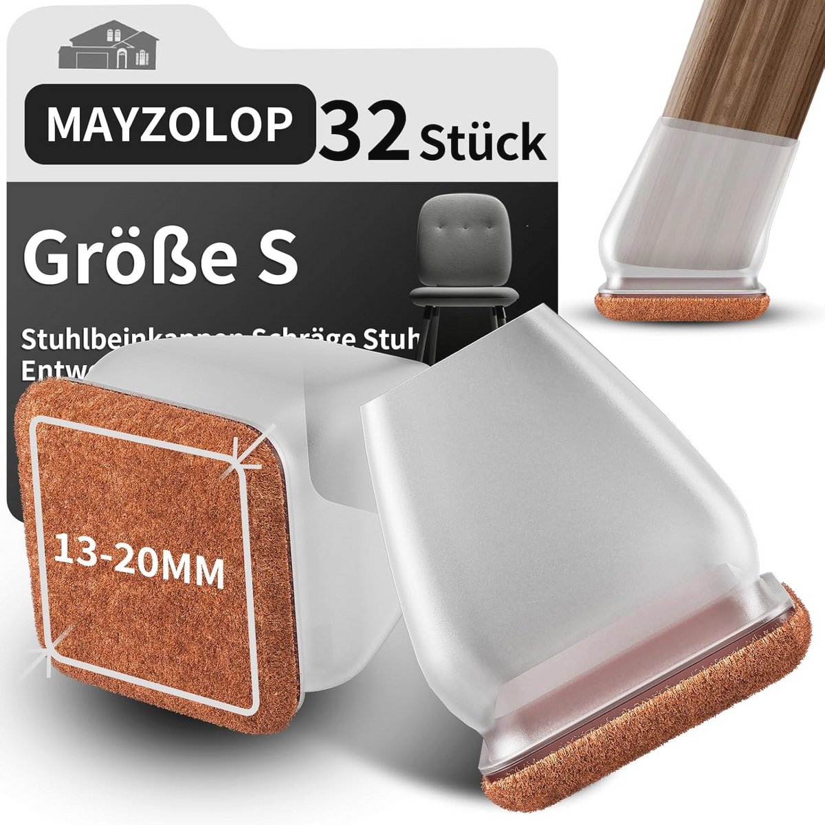 Stoelpootdoppen 32 stuks Transparant 1,8 cm voor Schuine Stoelpoten - Beschermers voor Hardhouten Vloeren met Vilt