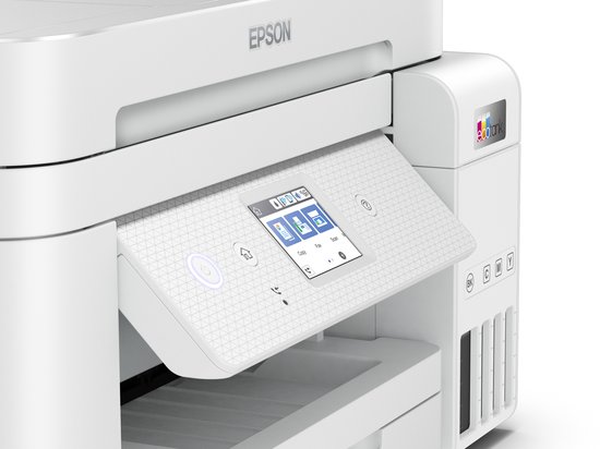 Witte Epson EcoTank printer met een kantelbaar kleurenscherm waarop de opties Kopiëren, Fax en Scannen worden weergegeven.