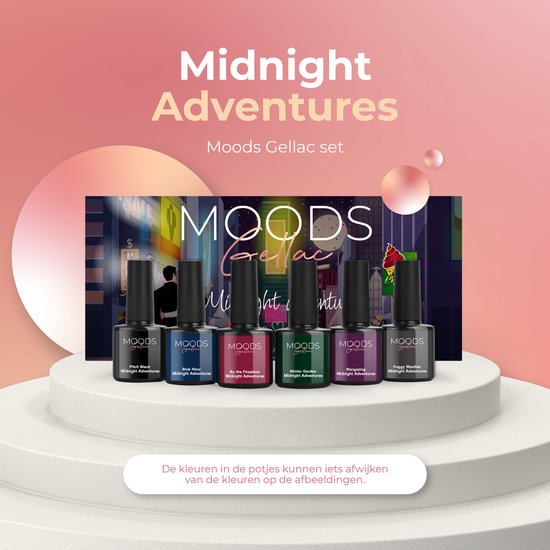 Moods Gellac set 'Midnight Adventures' met zes flesjes in donkere tinten.