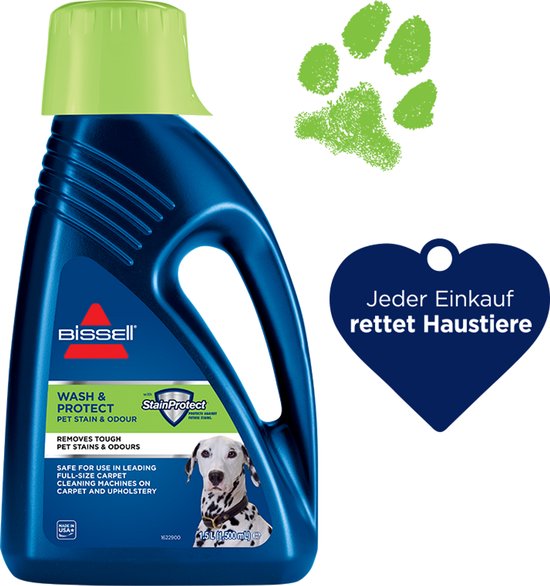 BISSELL Wash & Protect Pet Tapijtreiniger 1.5L - Geschikt voor SpotClean - Vlekkenverwijderaar met Beschermlaag - Helpt Nieuwe Huisdiervlekken Voorkomen - Reinigingsmiddel voor Tapijt en Bekleding - 1087N