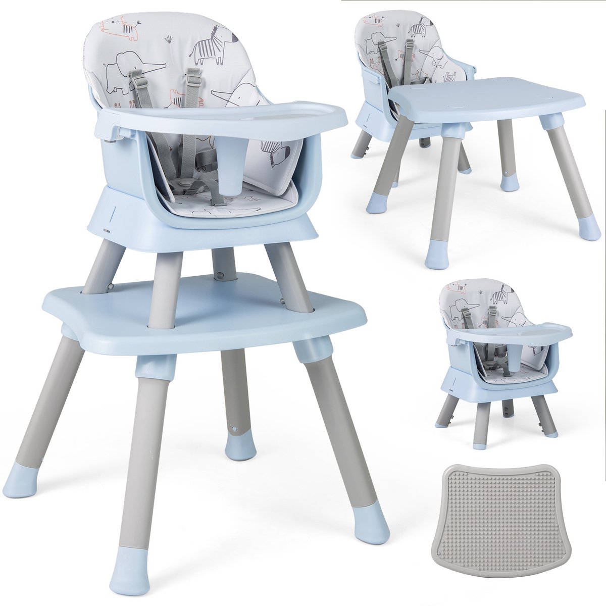 COSTWAY 6-in-1 babystoel, kinderstoel, eetstoel, leertafel, bouwsteentafel, kinderzitgroep, kinderstoel met veiligheidsgordel en afneembaar dienblad, babystoel, combi-kinderstoel (blauw)