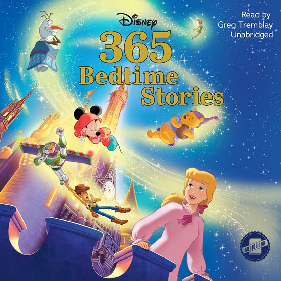 Disney 365 Bedtime Stories audioboek met afbeeldingen van Olaf, Tinkerbel, Mickey, Winnie de Poeh, Buzz Lightyear, Woody en Assepoester.