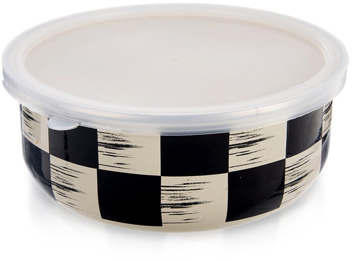 Orion Szachownica - Emalië Kom met Deksel - 15,5 cm - 800 ml - Retro Stijl