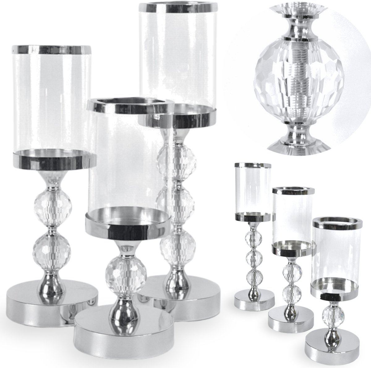 MORE&DECO - Glamour Kandelaar Set - Zilver - Kristallen - Diverse Hoogtes