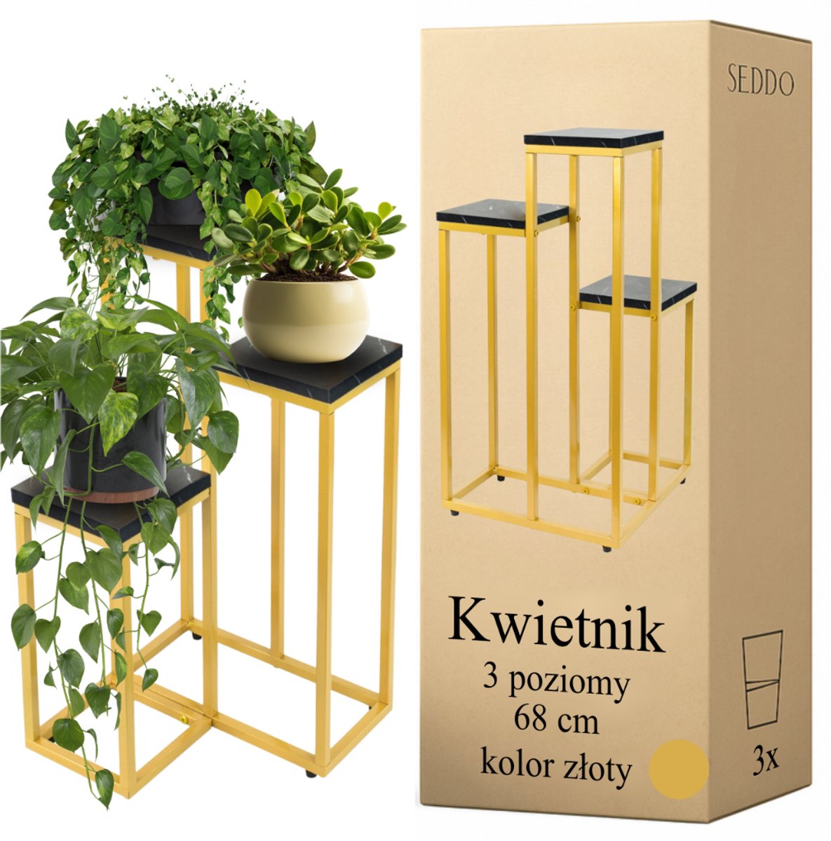 SEDDŌ - 3-laags Plantenstandaard - Loftstijl - 68cm - Metaal en Hout