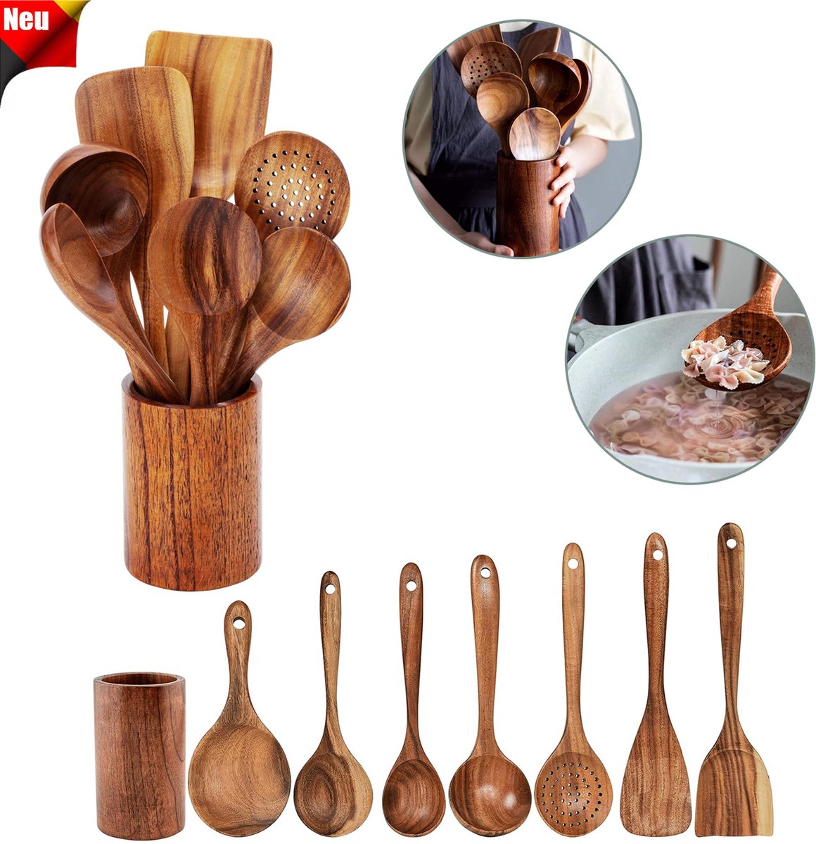 OKWISH Keukengerei-Sets - Houten Keukengerei Set Voor Dagelijks Koken - 7-Delige Spatels En Lepels - Uit Massief Teakhout - Houtkleur