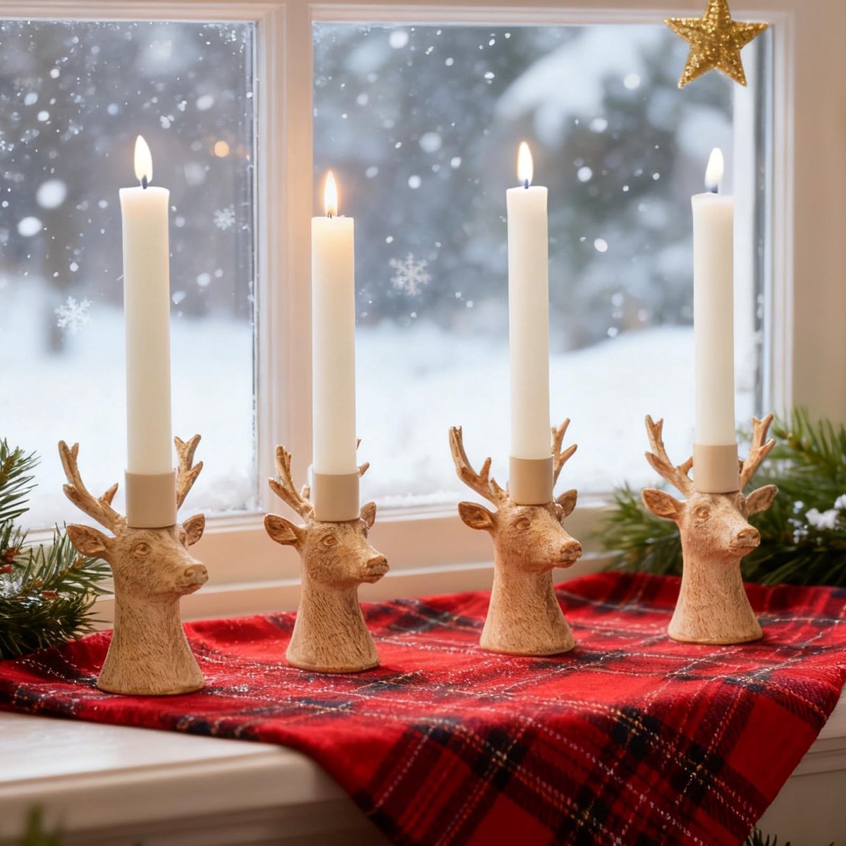 Unyqoos Set van 4 rustieke kandelaars met hertenkop voor kerstdecoratie Bruin