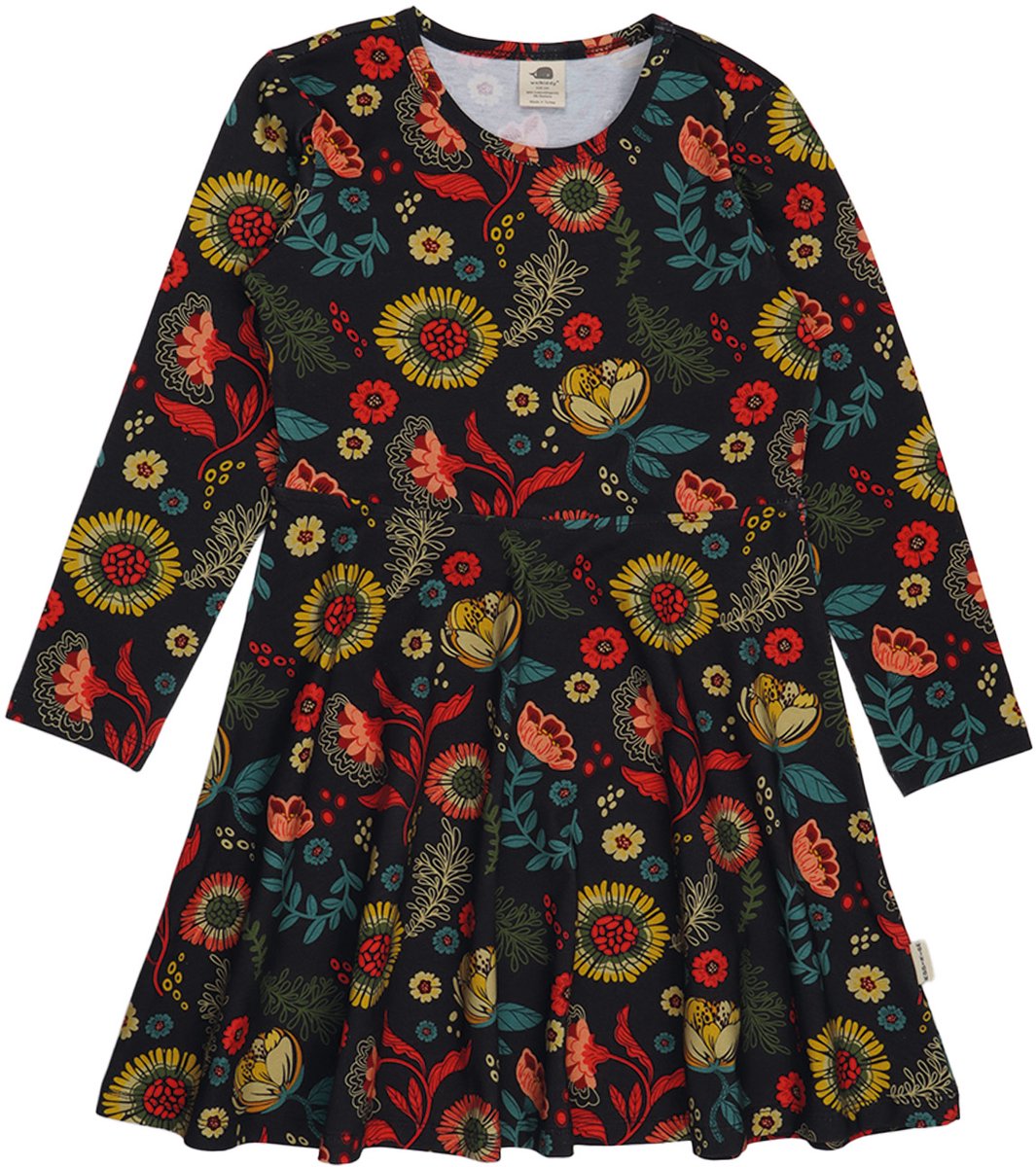 Walkiddy® Kinder Meisjes Jurk – Cheerful Flowers serie – Maat 128 – GOTS-gecertificeerd Biologisch Katoen | Comfort & Duurzaamheid voor Kinderen