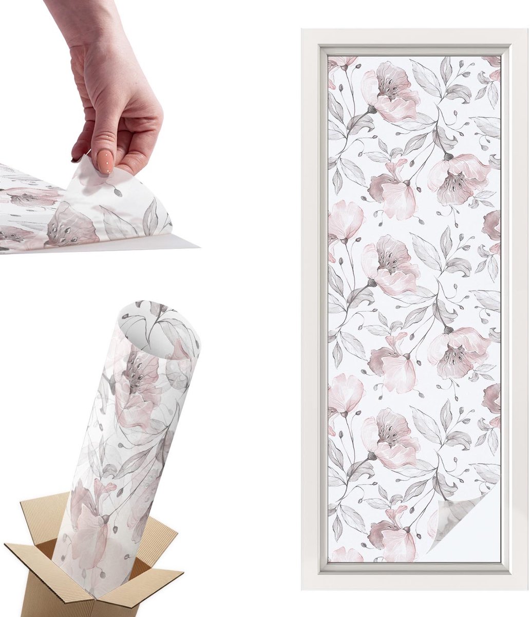 TULUP Raamfolie Anti inkijk - Rozenblaadjes Privacy Folie Raam - 50x146 cm - Zwart-wit Anti inkijk Folie - Raamfolie Tegen inkijk Glas in Lood - Voor de slaapkamer, woonkamer en hal. - Raamfolie Zonwering Zwart-wit - Rozenblaadjes