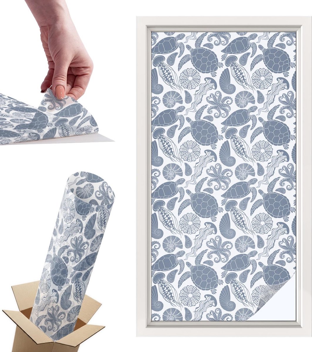 Tulup Raamfolie Anti inkijk - Oceaanleven Privacy Folie Raam - 50x100 cm - Blauw Anti inkijk Folie - Raamfolie Tegen inkijk Glas in Lood - Voor de badkamer, slaapkamer, hal - Raamfolie Zonwering