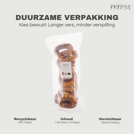 Een zak met meerdere ringvormige hondensnacks. Tekst over duurzame, hersluitbare verpakking.