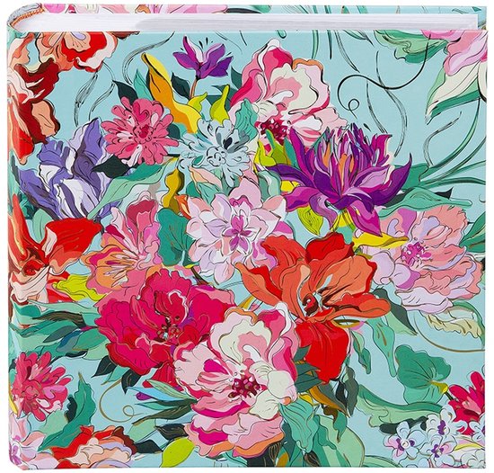Lichtblauw insteekalbum met veelkleurige bloemenprint, vol met rode, roze, paarse en oranje bloemen.