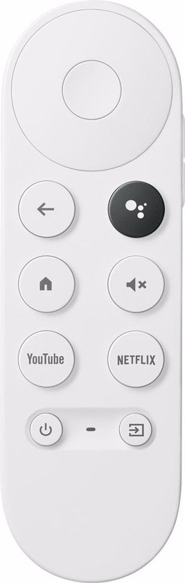 Witte afstandsbediening met cirkelvormige bedieningsknop, pijltjestoetsen, YouTube- en Netflix-knoppen.