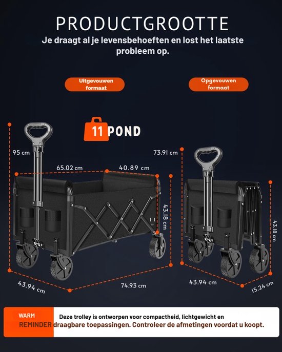 Quvo® Bolderkap Opvouwbaar Luchtbanden - Bolderkar - Bolderkar Opvouwbaar - 100 kg - Zwart- 75cm x 44cm x 95cm van Quvo® — afbeelding 2