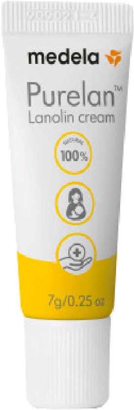 Een witte tube Medela Purelan Lanolin cream met gele accenten en een dop.