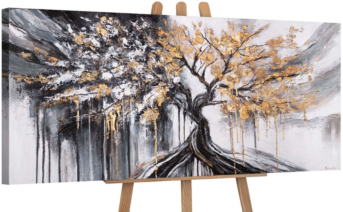 YS Canvas schilderij panoramisch 115x50 handgeschilderd boom natuur botanisch – YS-Art Gallery – Rustgevende wanddecoratie voor woonkamer – Modern schilderij voor hal