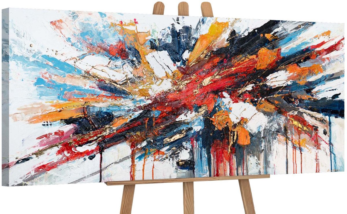 YS Canvas schilderij panoramisch 115x50 handgeschilderd energiestroom abstract dynamisch – YS-Art Gallery – Energieke wanddecoratie voor woonkamer – Modern schilderij voor hal