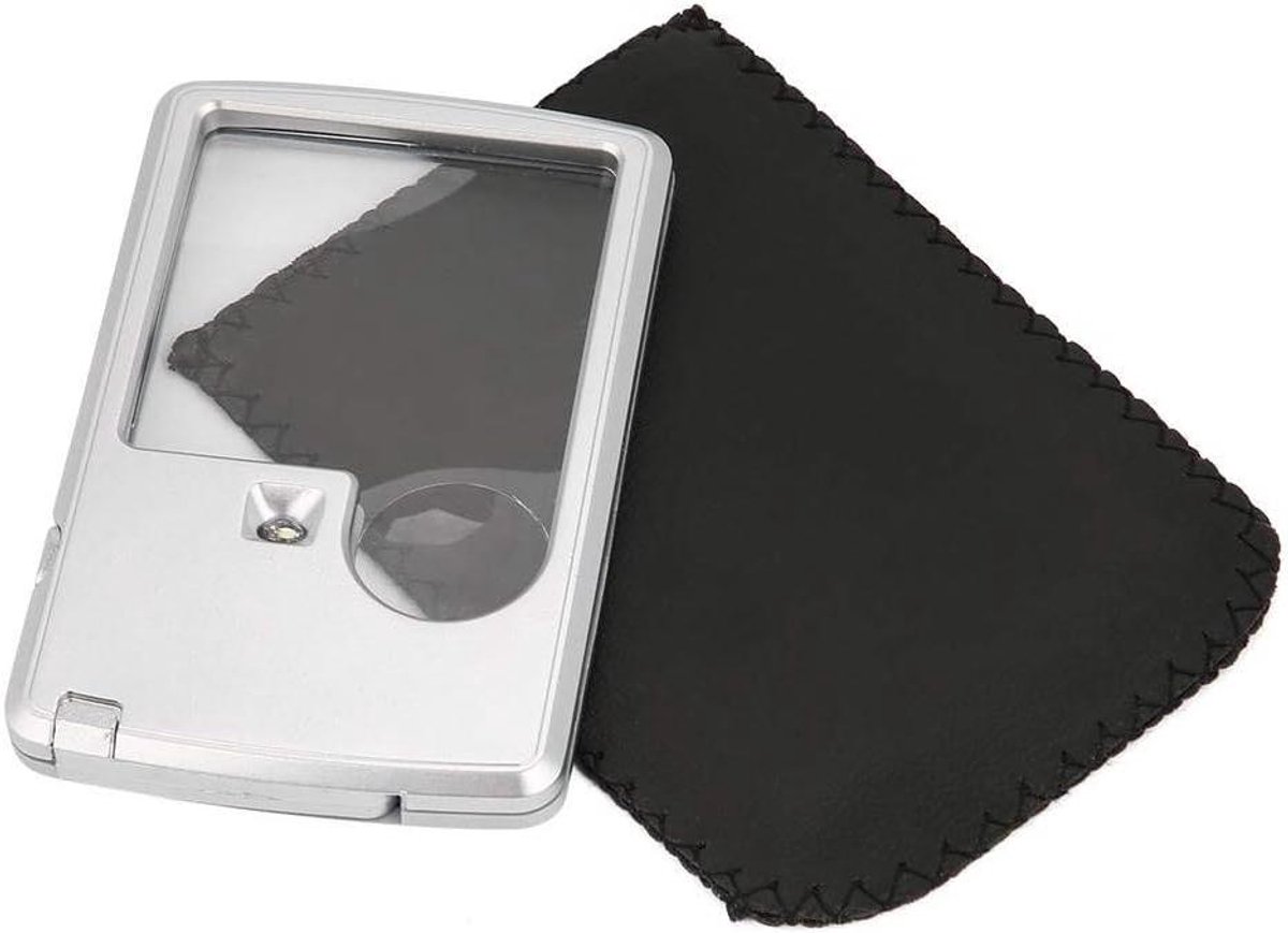 EGoods - Vergrootglas met LED-licht en dubbele lens voor creditcards - Handig vergrootglas in zakformaat met vierkante vorm en lederen tas - Ideaal voor lezen en andere activiteiten met kleine details.