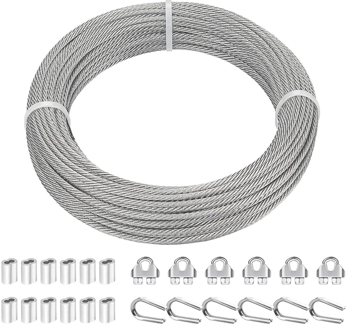 EGoods - 30 m RVS staalkabel 3 mm met oogjes, krimphulzen en draadkabelklem - voor hekspanner, gordijntouw.