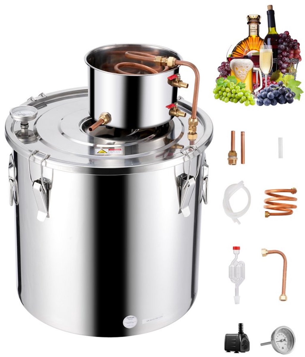 Alcohol distilleerapparaat - 50 L RVS distilleer- en stookketel - Koperen spoel - Thermometer en waterpomp - Voor whisky, wijn, brandy en waterdistillatie - Zilver