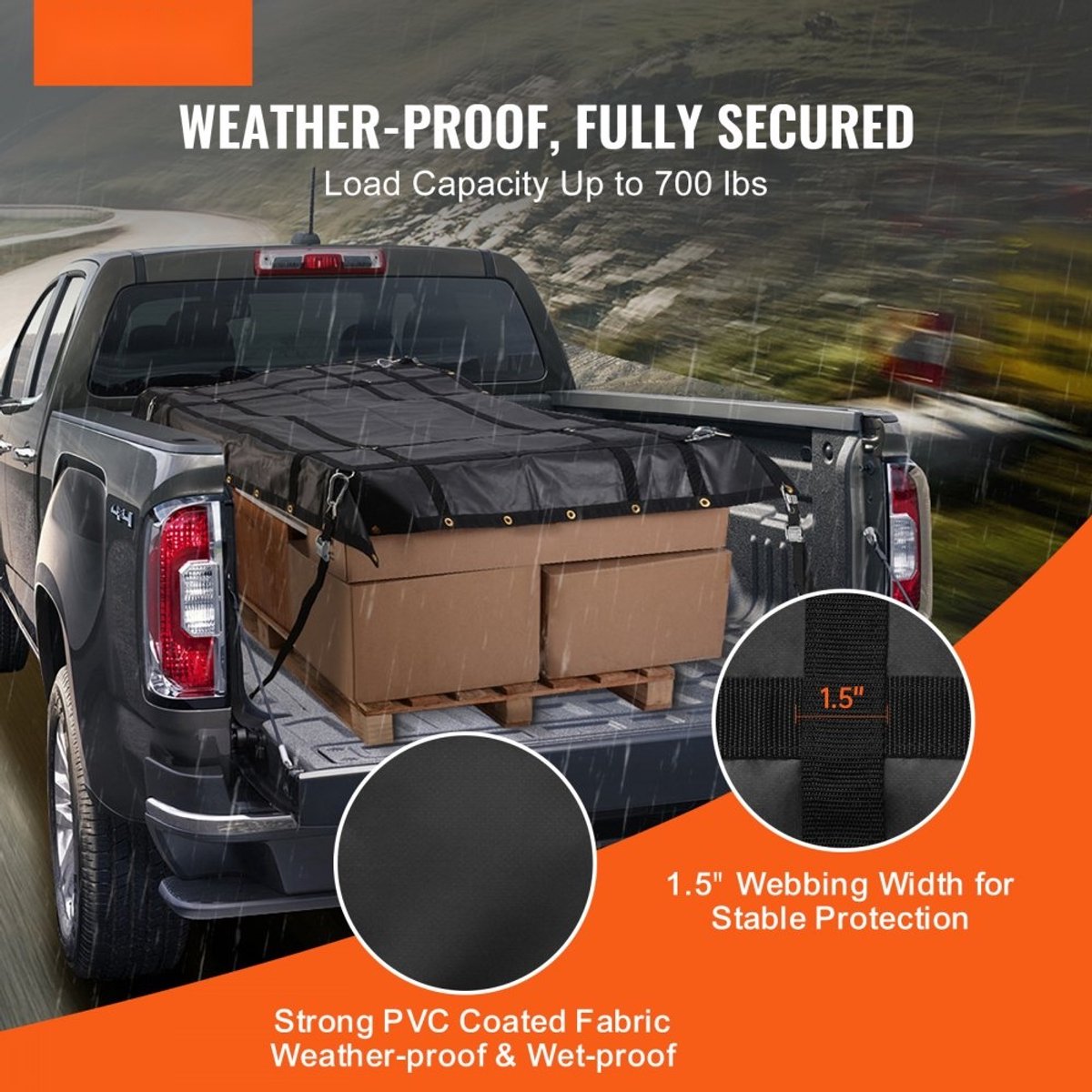 Laadnet voor pick-up en vrachtwagen - Bagagenet - Afmeting 183 x 145 cm - Vier verstelbare spanbanden met karabijnhaken - Rubberen haken - Duurzaam - Zwart