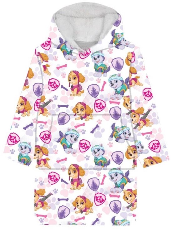 Witte fleece hoodie deken met PAW Patrol print, Skye en Everest met botjes en pootjes.
