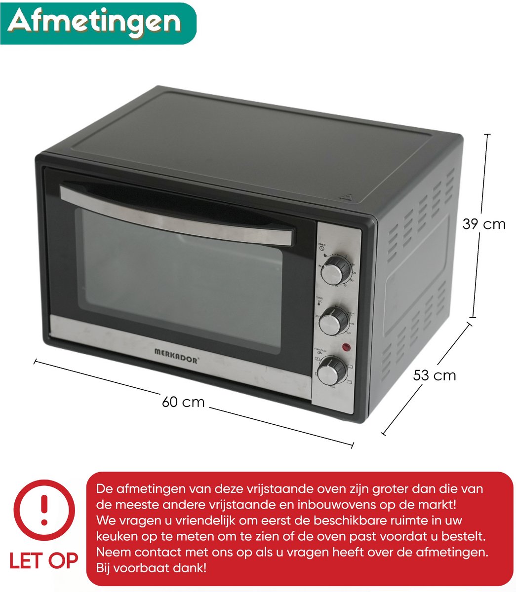 Merkador XL Vrijstaande Oven - 65 Liter - 2000 Watt - Hetelucht - RVS Afwerking - Eenvoudig Te Reinigen Geëmailleerde Binnenruimte – foto 5