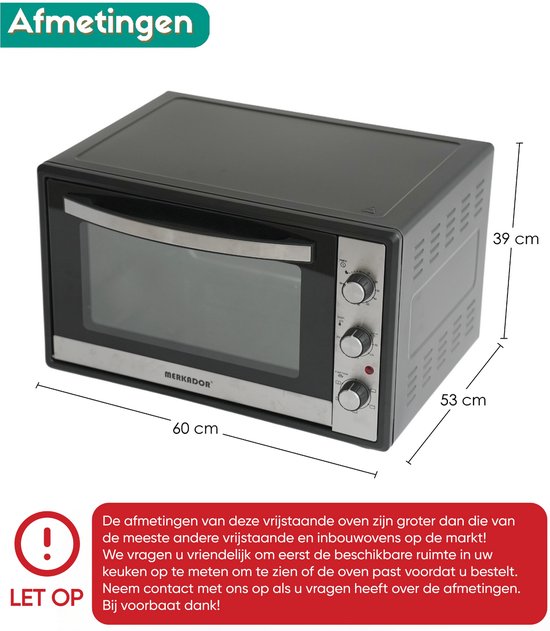 Merkador XL Vrijstaande Oven - 65 Liter - 2000 Watt - Hetelucht - RVS Afwerking - Eenvoudig Te Reinigen Geëmailleerde Binnenruimte