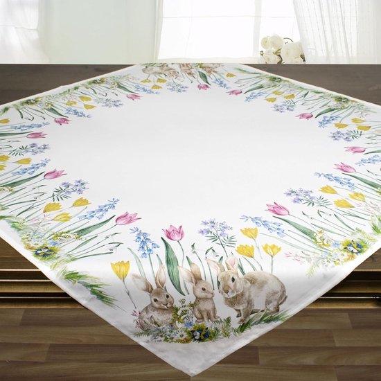 EGoods - Kleurrijk Tafelkleed Met Bloemen En Hazen Voor De Paastafel 85 X 85 Cm