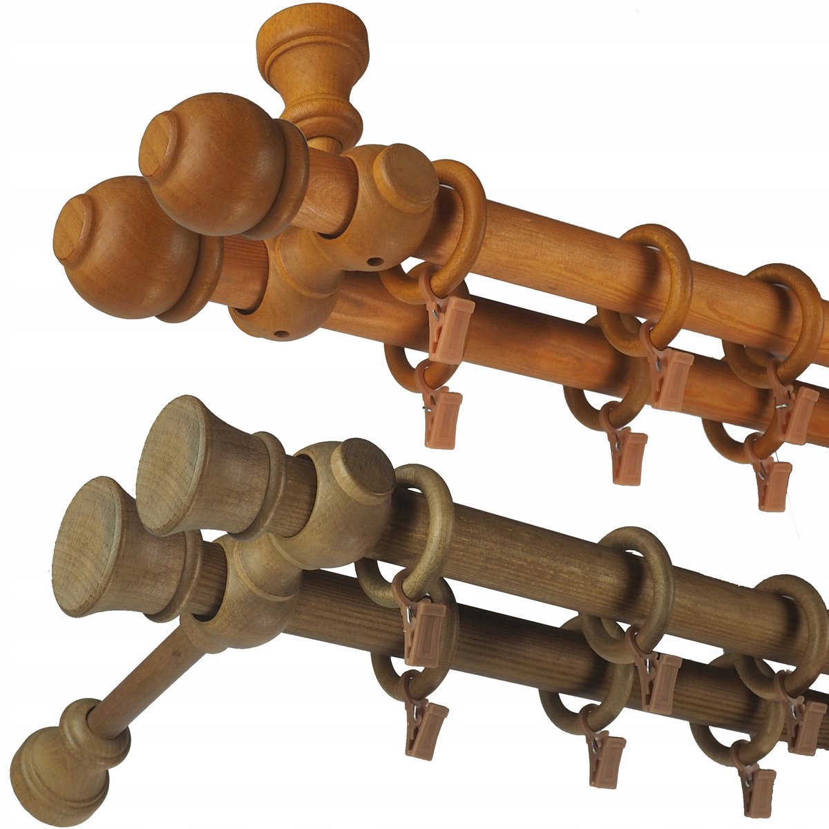 Dubbele Houten Gordijnroede 28mm, 130cm - Keuze uit Kleuren & Eindstukken