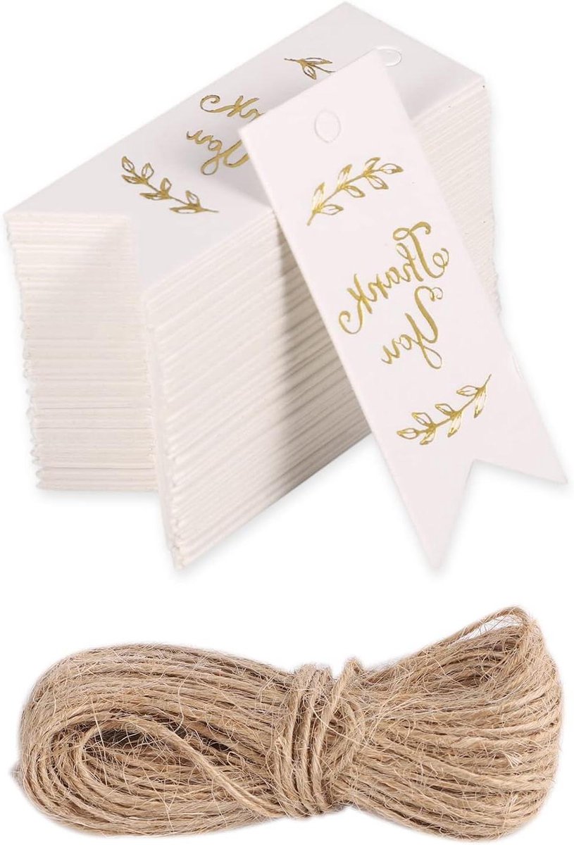 Bedankkaartjes met Henneptouw voor Feestelijke Gelegenheden - Set van 100 Stuks Gestreepte Bedankkaartjes voor Babyshower, Verjaardag en Bruiloft - Inclusief 10m Touw