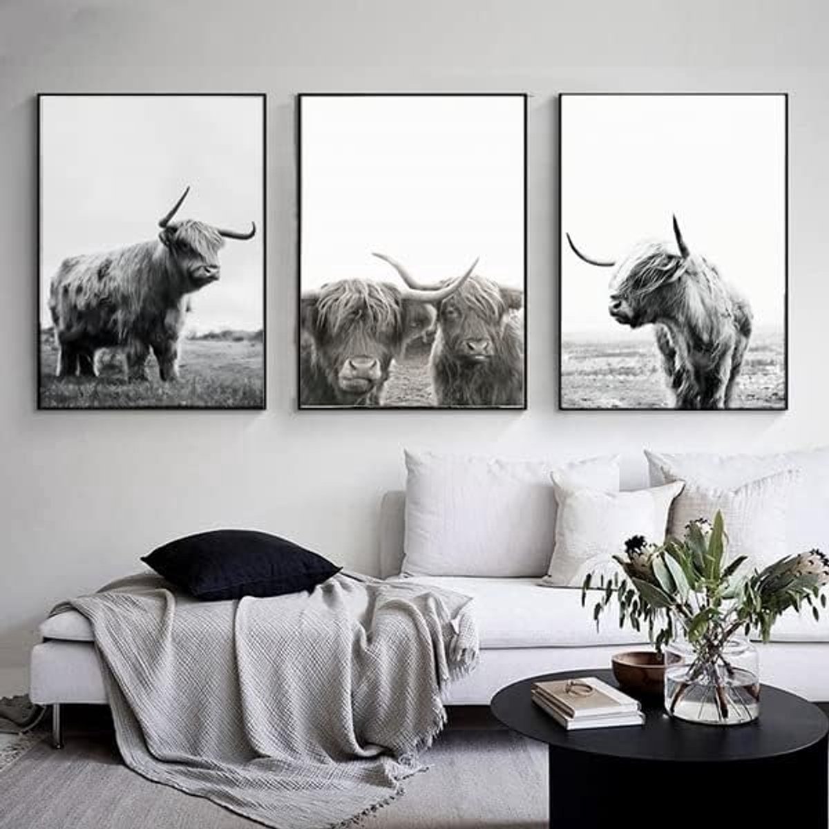 Stunq® Vintage Stijlvolle Canvas Poster Set - Drie Koeien Afbeeldingen Zwart-Wit