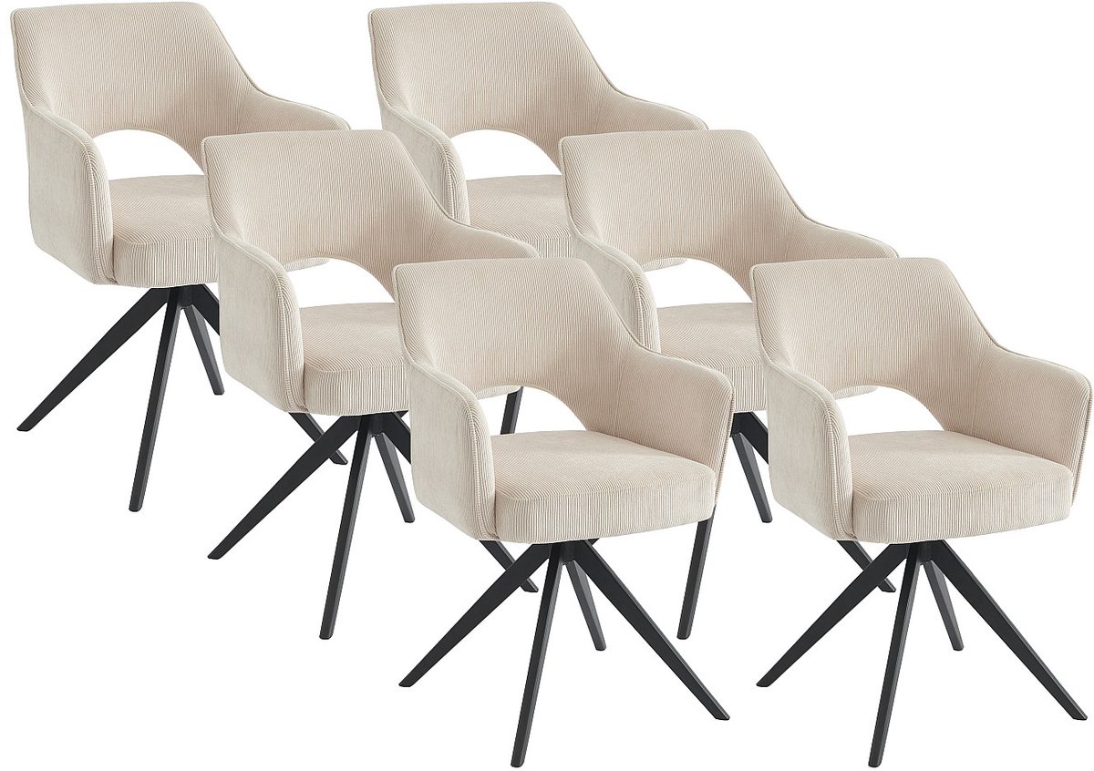 Vente-unique Set van 6 draaistoelen met armleuningen van ribfluweel en zwart metaal - Crèmewit - KONYA
