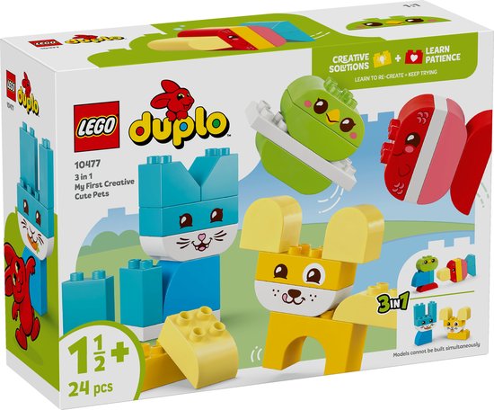 LEGO Duplo doos 10477 met blauwe kat, gele hond en groene vogel. 24 onderdelen.