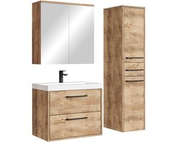 Badplaats Badkamermeubel Set Florence 60 cm – Kastanje Eiken – Hangend Badmeubel met Wastafel, Spiegelkast en Zijkast