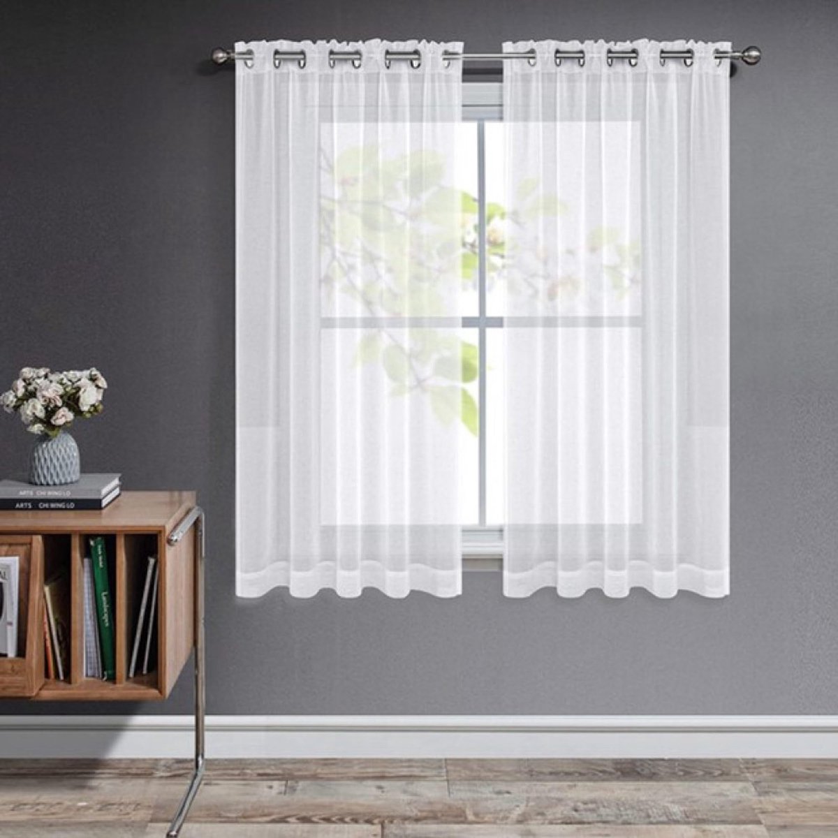 Unyqoos Witte voile gordijnen set met zilveren ringen voor slaapkamer en woonkamer